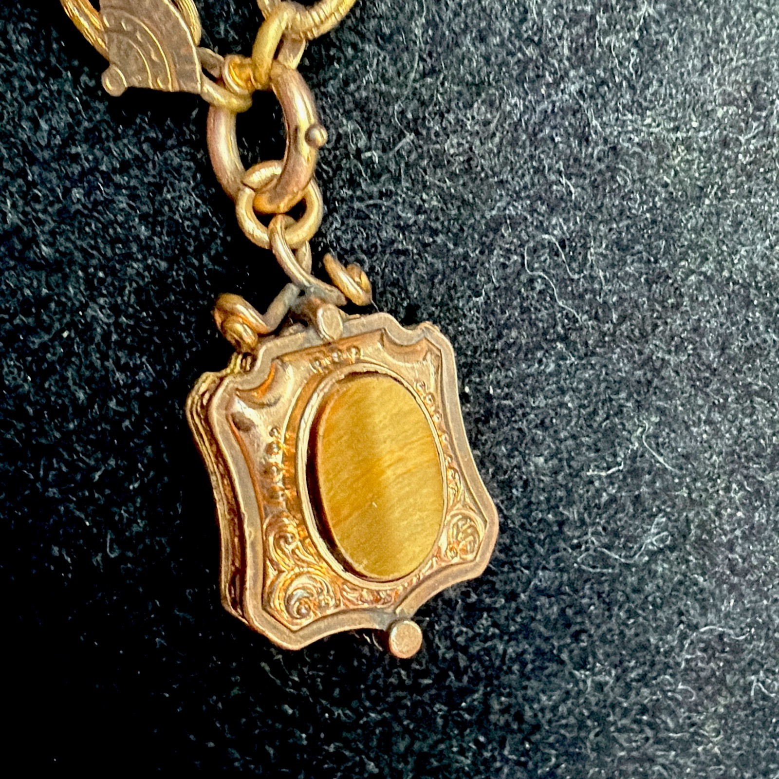 Victorian Etruscan 48g Gold Fill Book Chain Necklace Slide GF Locket Tiger Eye