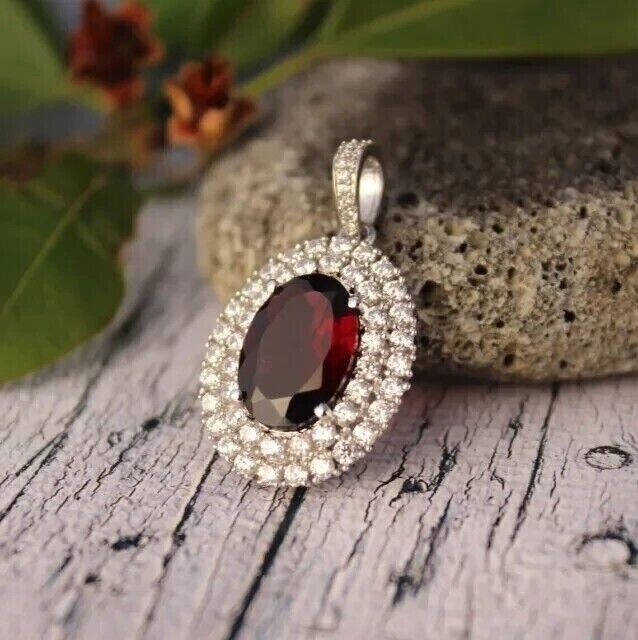 2Ct Oval Cut Simulated Garnet Halo Women’s Charm Pendant 14k White Gold Plated