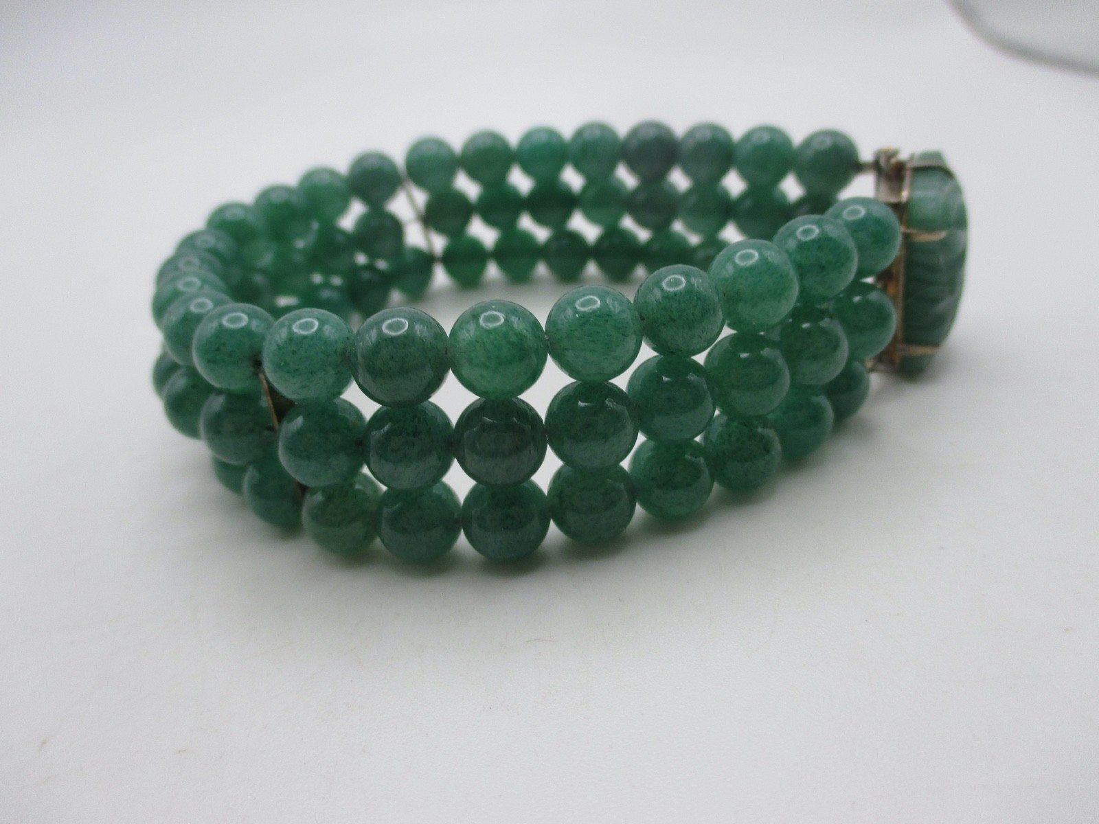 VTG Chinese Export Jade Jadeite 3 Row Beaded Bracelet Carved Flower Clasp Silver