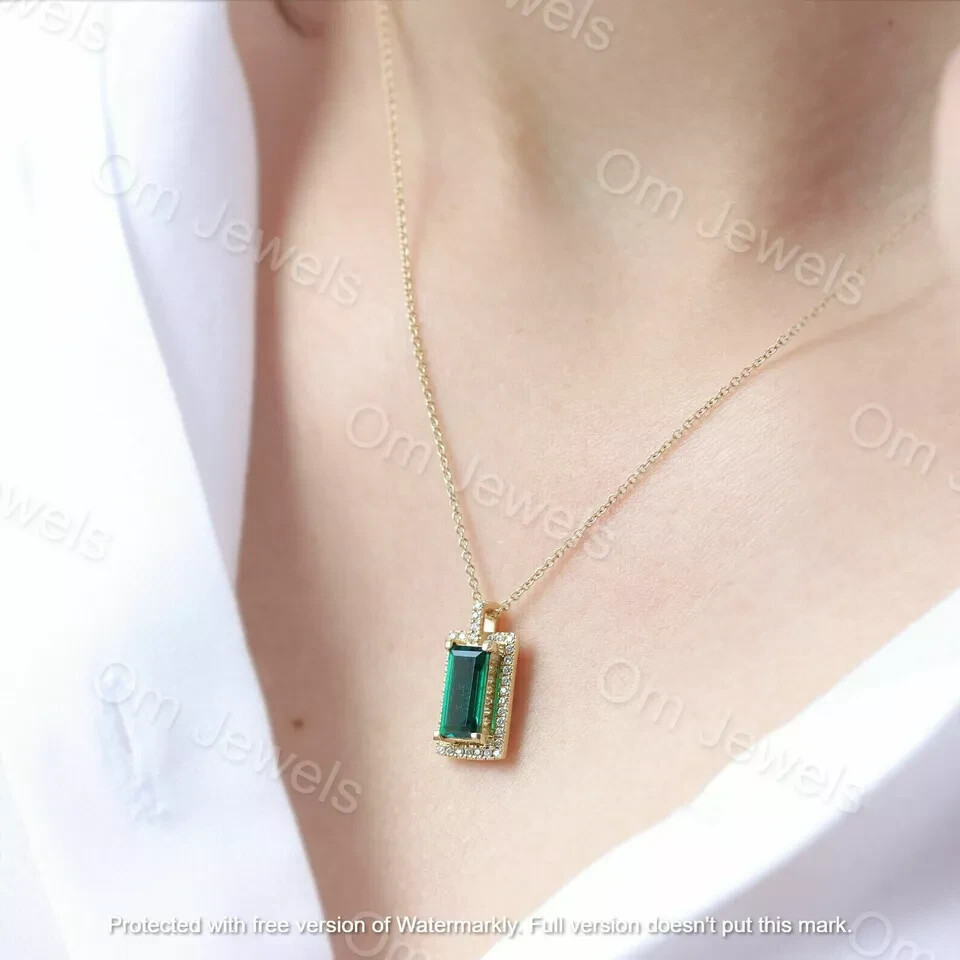 3.20Ct Emerald Cut Green Emerald Halo Pendant 14K Yellow Gold Finish 18″ Chain