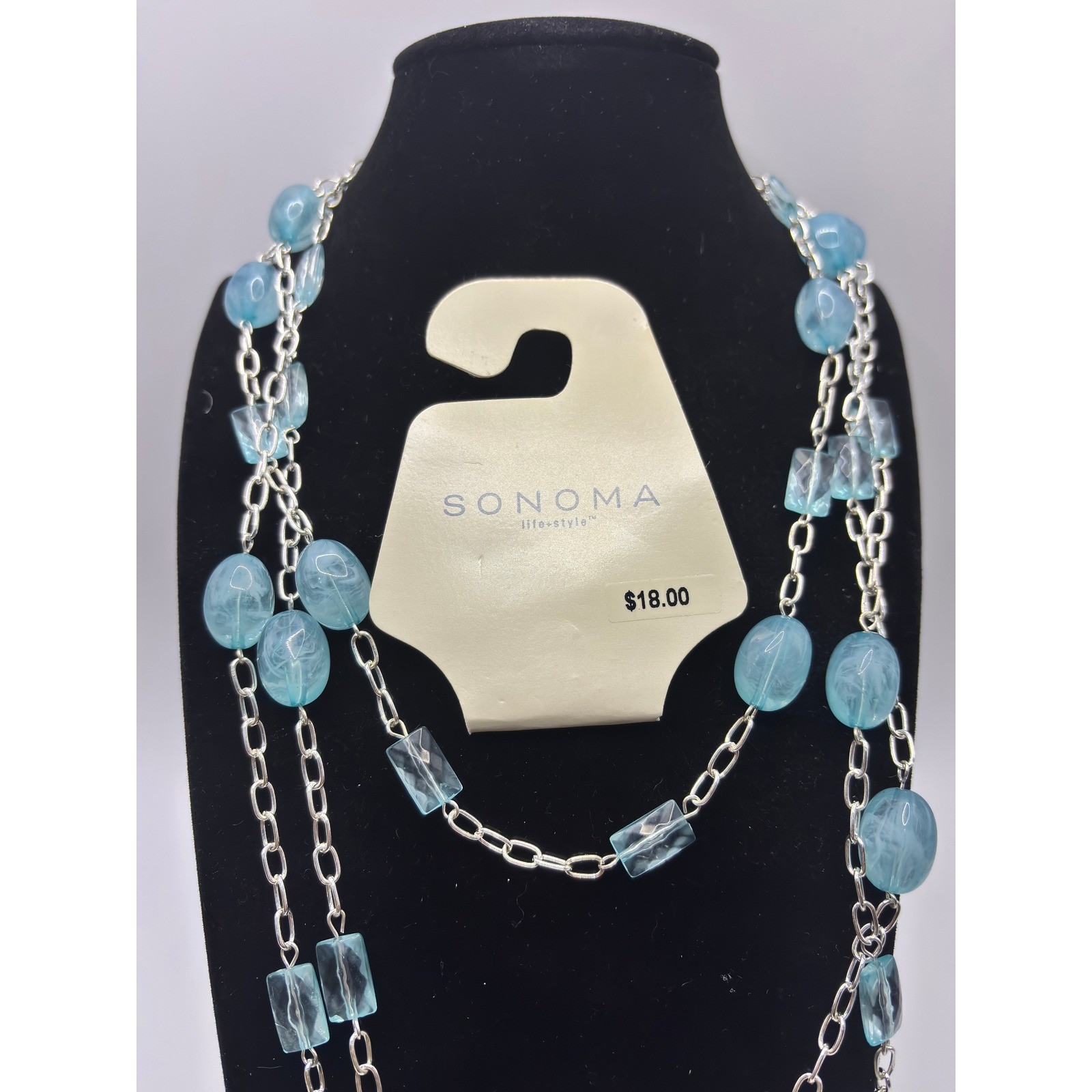 Sonoma Life + Style Light Blue Bead Silver Tone Station Necklace 24 Inch Long