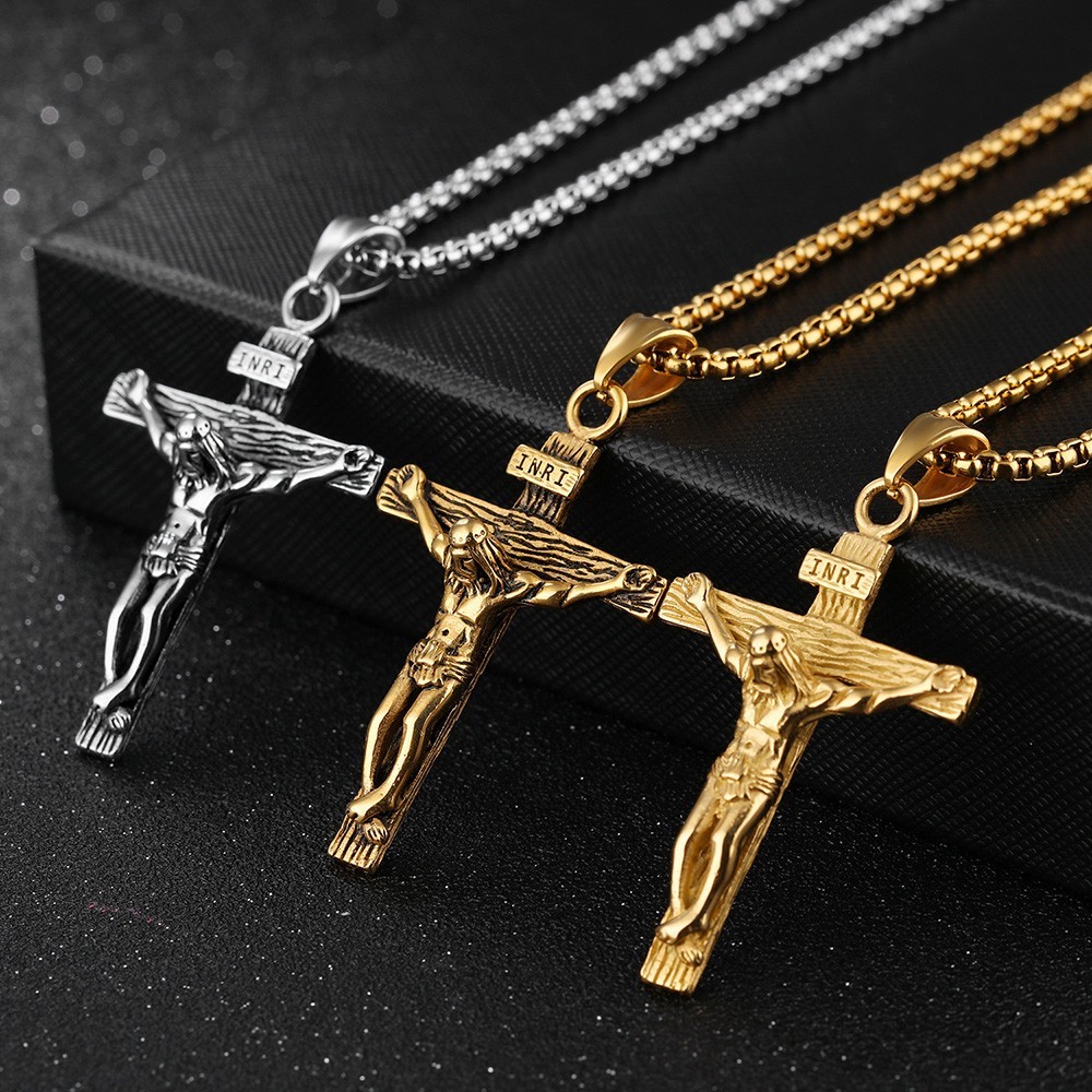 Mens Crucifix Cross Pendant Necklace Box Chain Christian Jesus Religious Jewelry