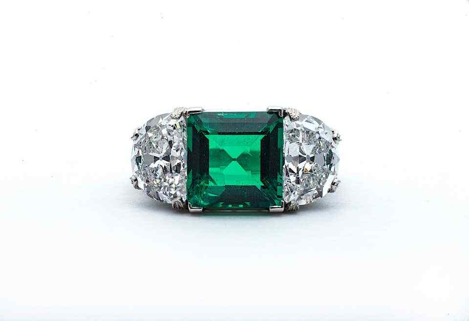 Women’s Art Deco Colombian Square Cut Emerald With Fancy Cut CZ Three-Stone Ring