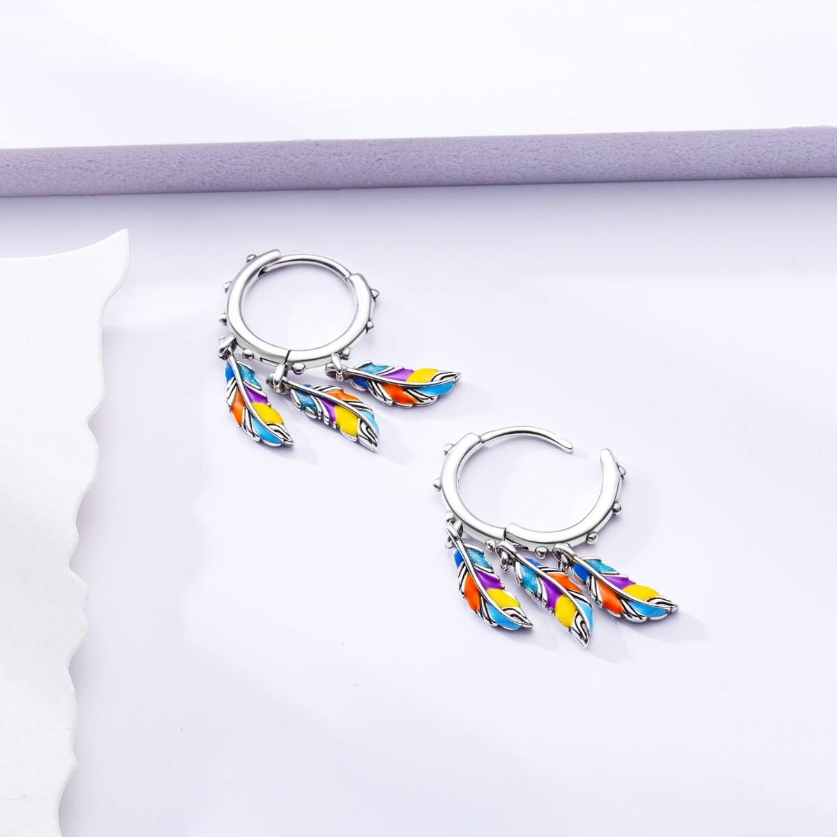 LAZA Women Colorful Dream Feather 925 Sterling Silver Hoop Earrings CZ Jewelry