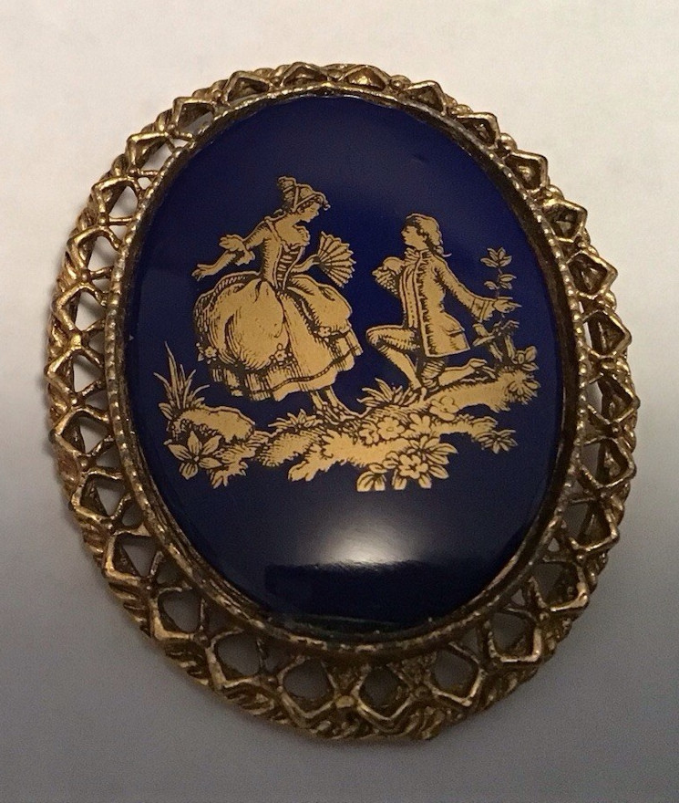 LIMOGES France Pendant/Brooch~ The Proposal~Vintage Cobalt/Gold Tone Brooch 2″L