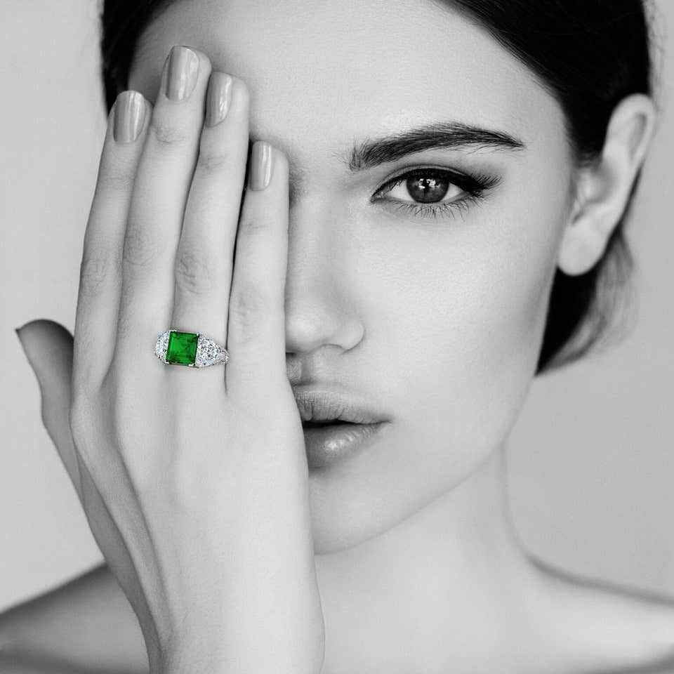 Women’s Art Deco Colombian Square Cut Emerald With Fancy Cut CZ Three-Stone Ring