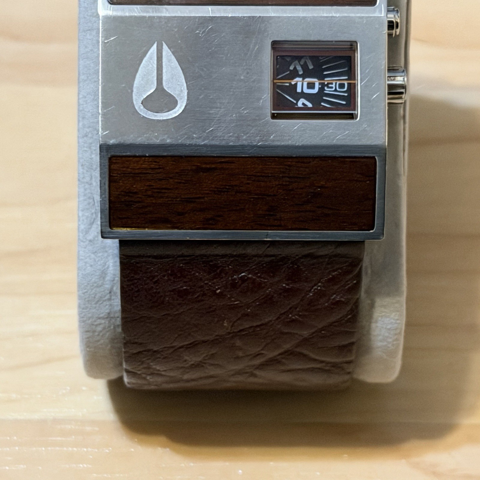 Nixon Rotolog Direct Time Wood Grain Brown Leather Analog Watch PARTS OR REPAIR