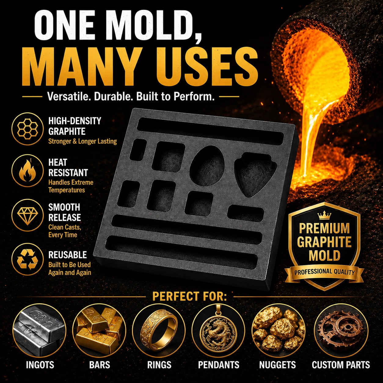 Graphite Ingot Mold 4x4in 11 Cavities Gold Bar Coin Scrap Metal Casting Tool Set