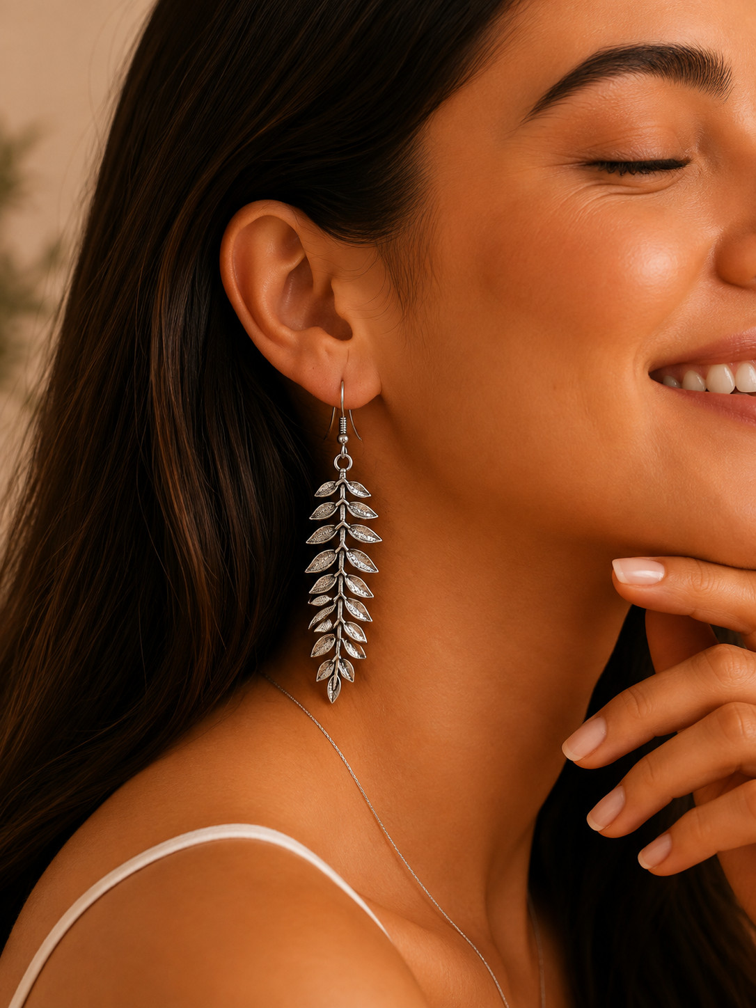 Silver Leaf Branch Dangle Earrings Botanical Nature Boho Drop Hook Jewelry Women