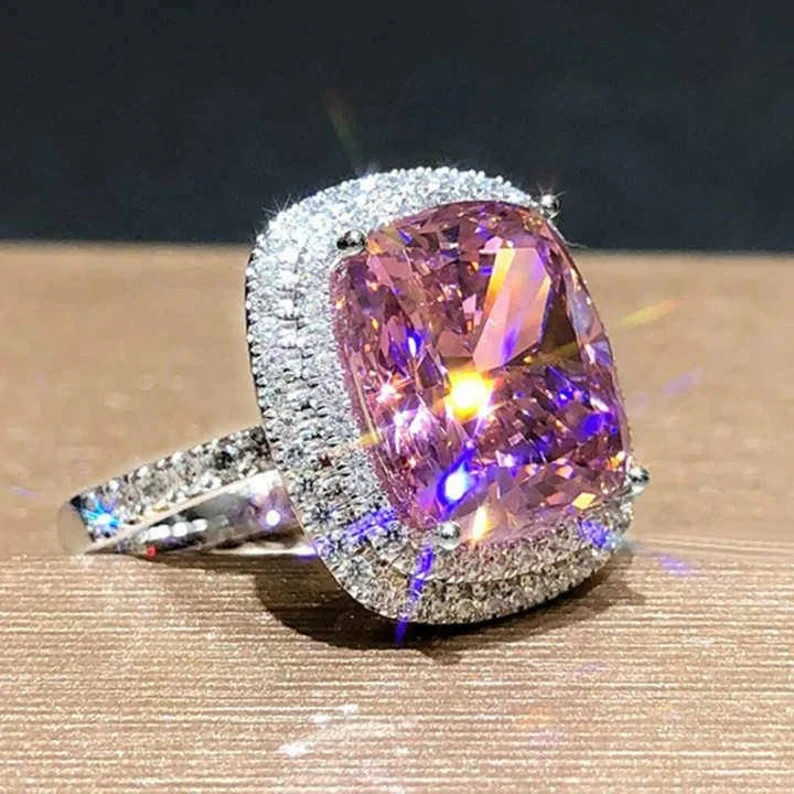 8.00 Ct Cushion Cut Natural Pink Sapphire Diamond Wedding Ring 14K White Gold 7