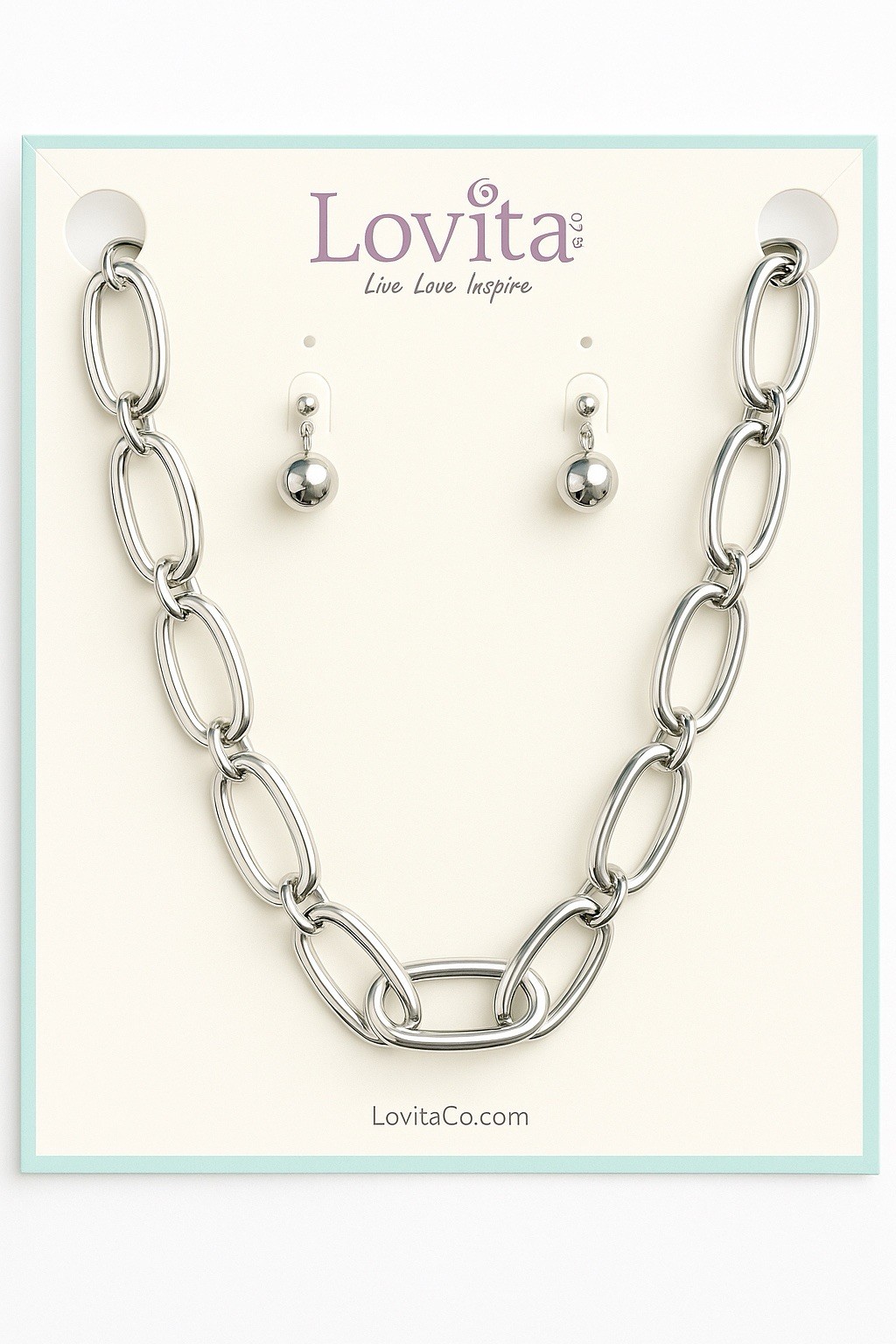 Lovita & Co. Necklace Earrings Set Silver Tone Chunky Chain Adjustable Stud Back