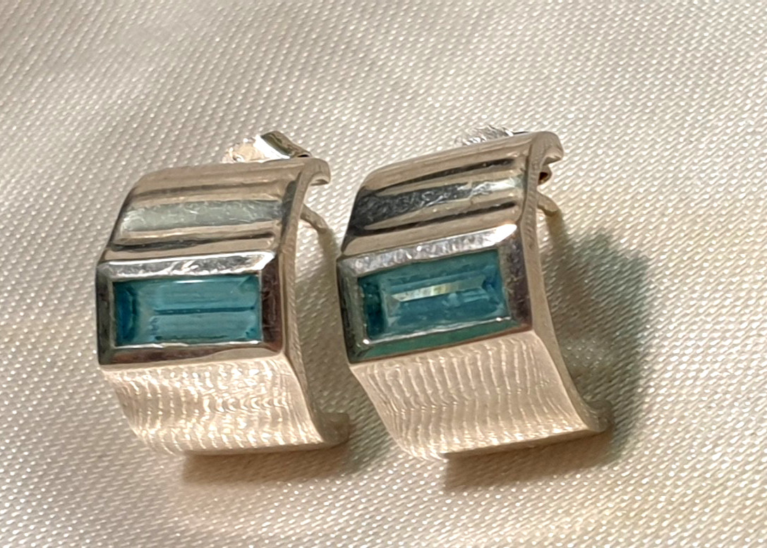 925 Sterling Silver Half Hoop Earrings with Blue Topaz Master Hallmark Crown Hallmark