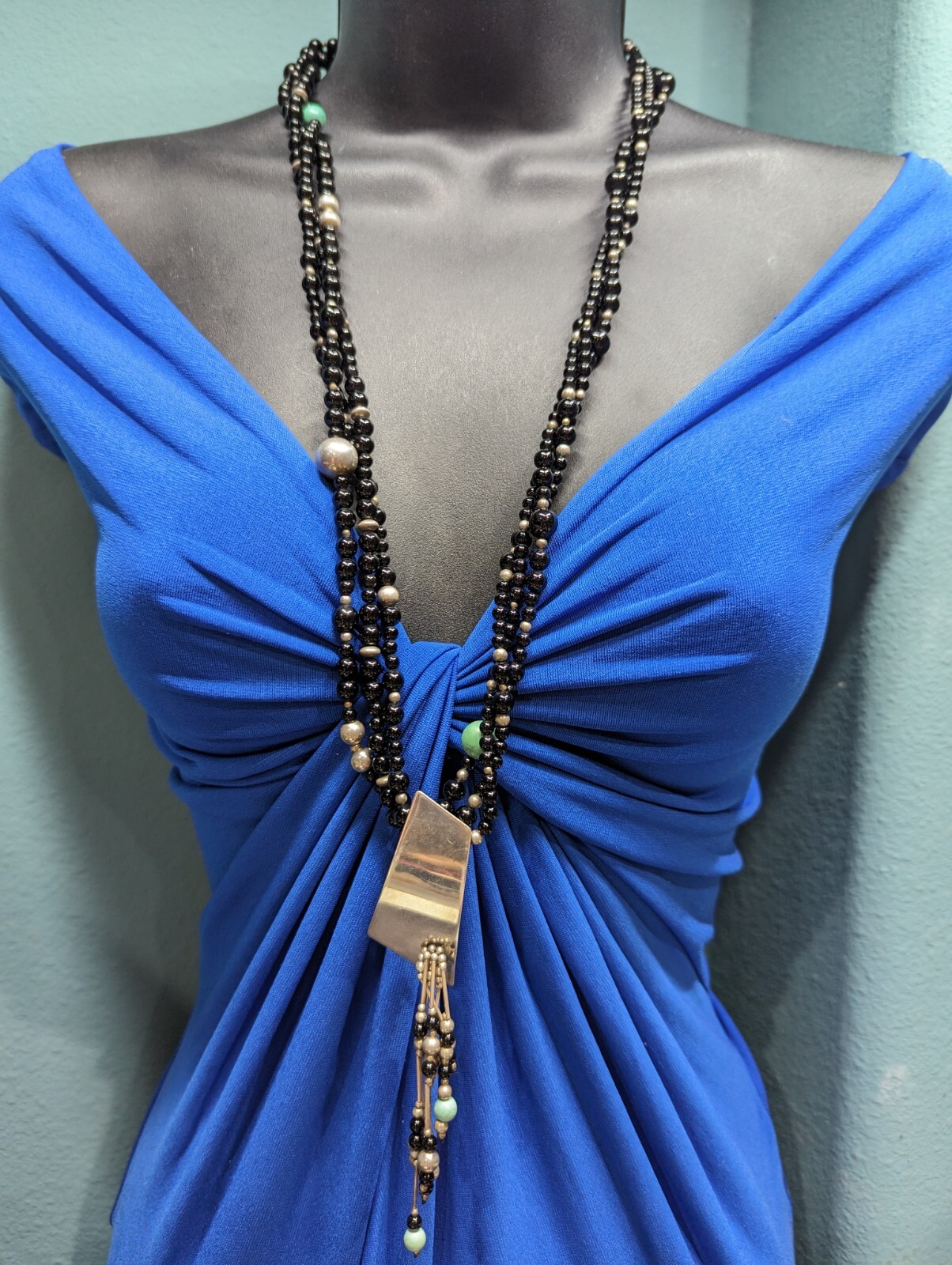 SUSAN CUMMINGS Sterling 3 Multi Strand Black Onyx Bead Necklace Pendant Signed