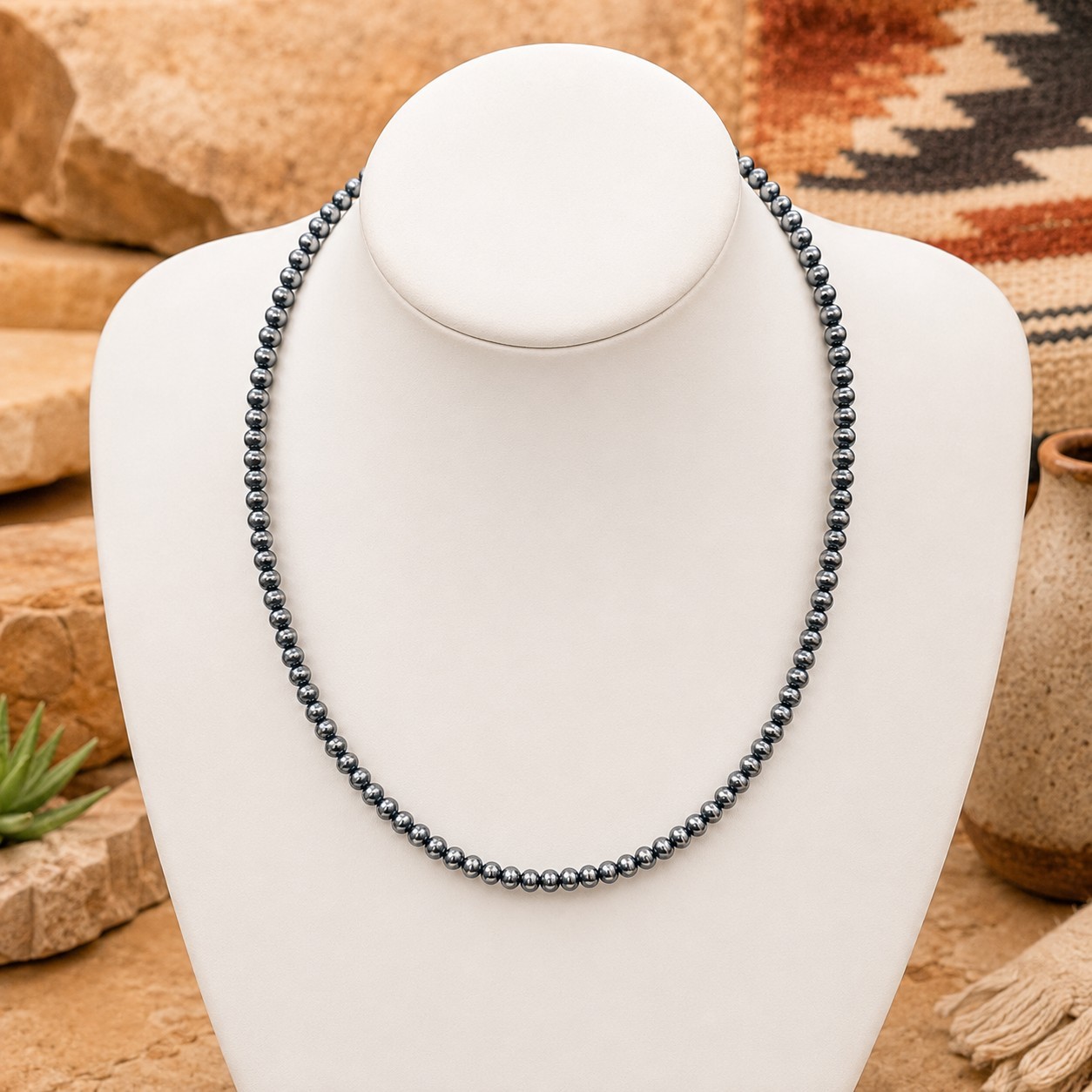 Navajo Style Pearl Beaded Necklace 4mm Silver Plated 16” Adjustable NWT