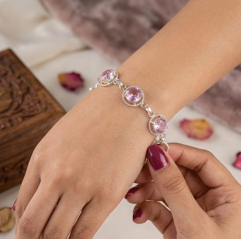 Morganite Gemstone Jewelry 925 Silver Handmade Bracelet 7.8″ For Wedding Gifts