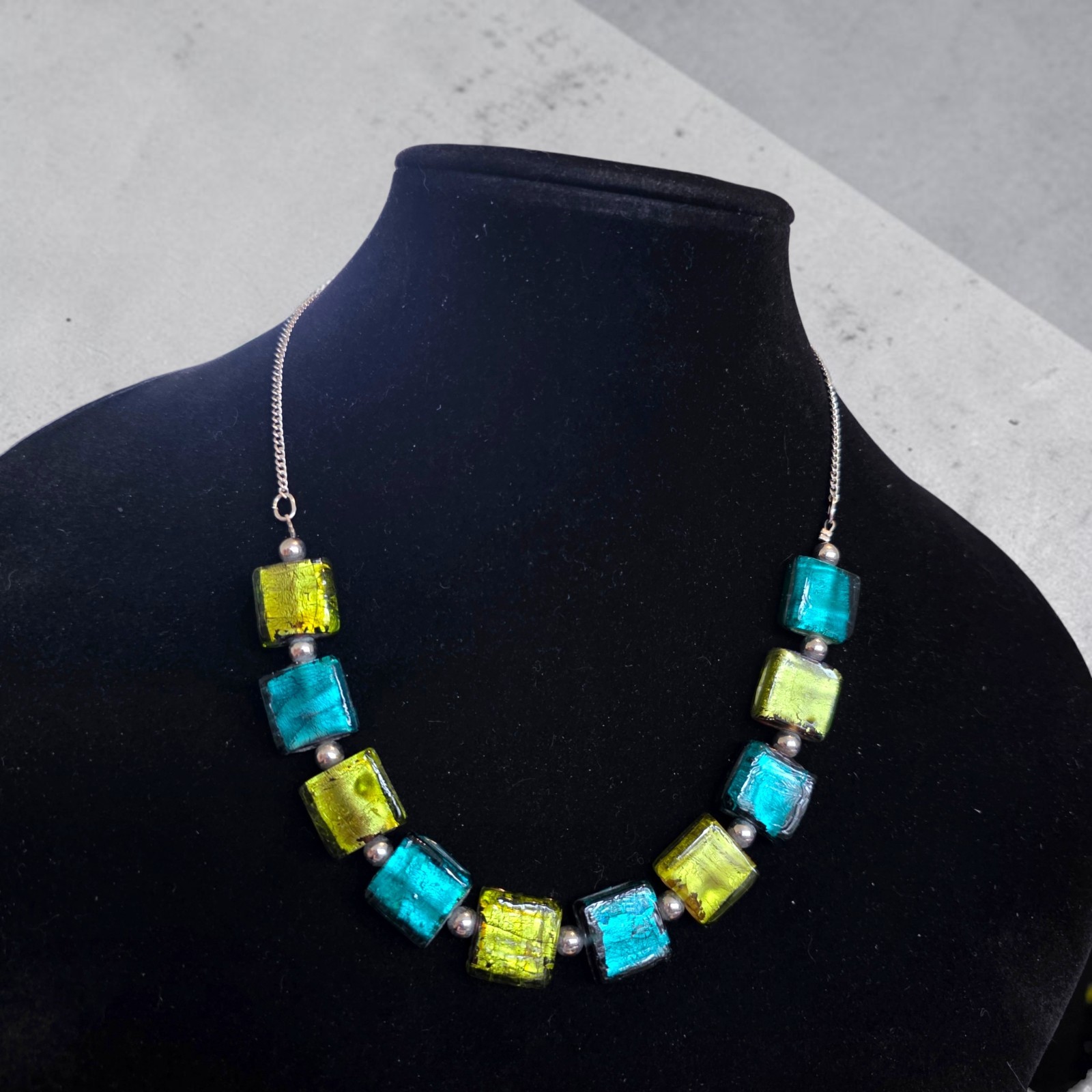 Vintage Foil Glass Necklace | 40–48cm Turquoise & Lime Squares Silver Tone Chain
