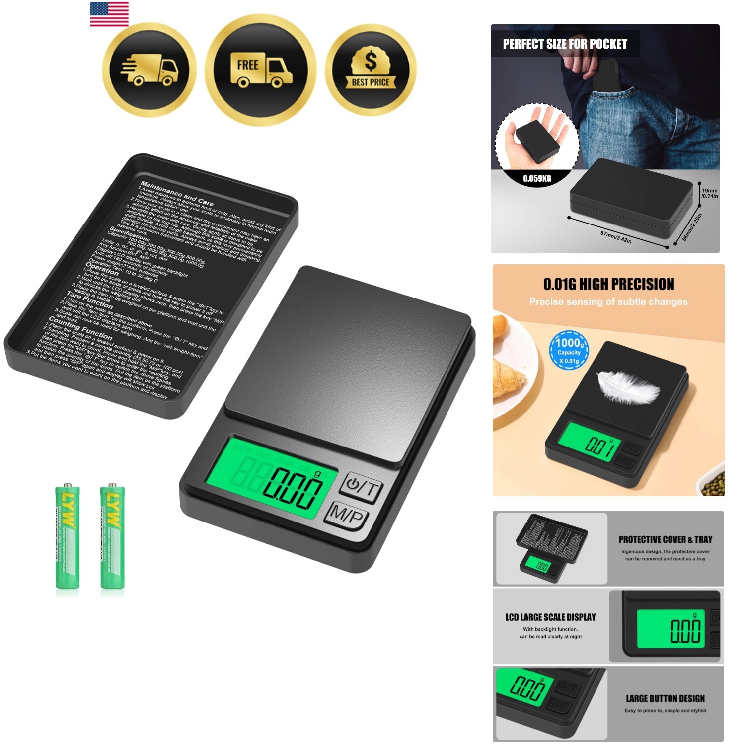Digital Pocket Scale 1000g x 0.01g, Portable Precision Gram Scale Jewelry Sca…