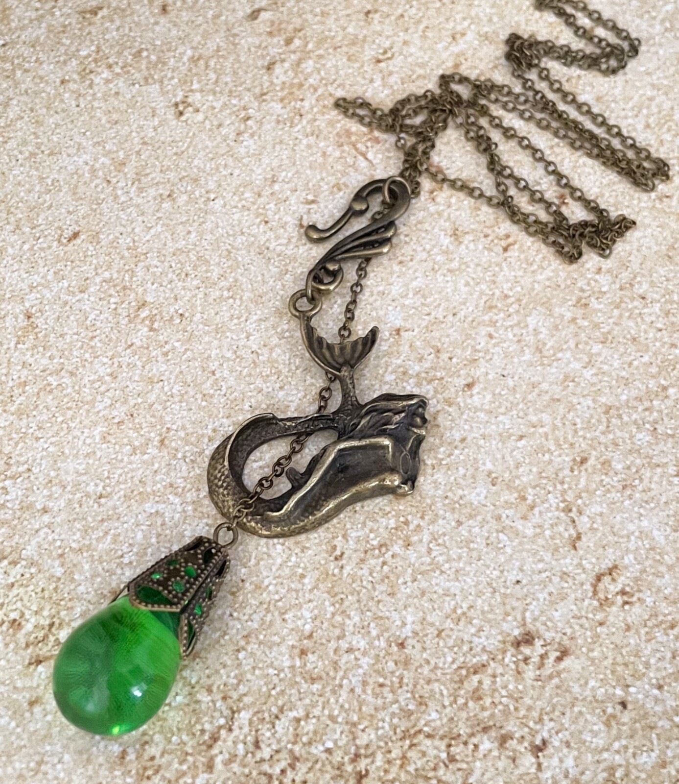 Mermaid Necklace Art Nouveau Siren Lariat Pendant W/ Antique Green Czech Glass