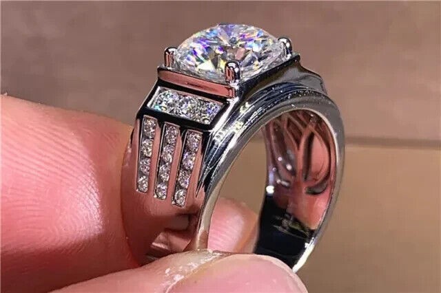 3Ct Round Cut Real Moissanite Men’s Halo Engagement Ring 14K White Gold Plated