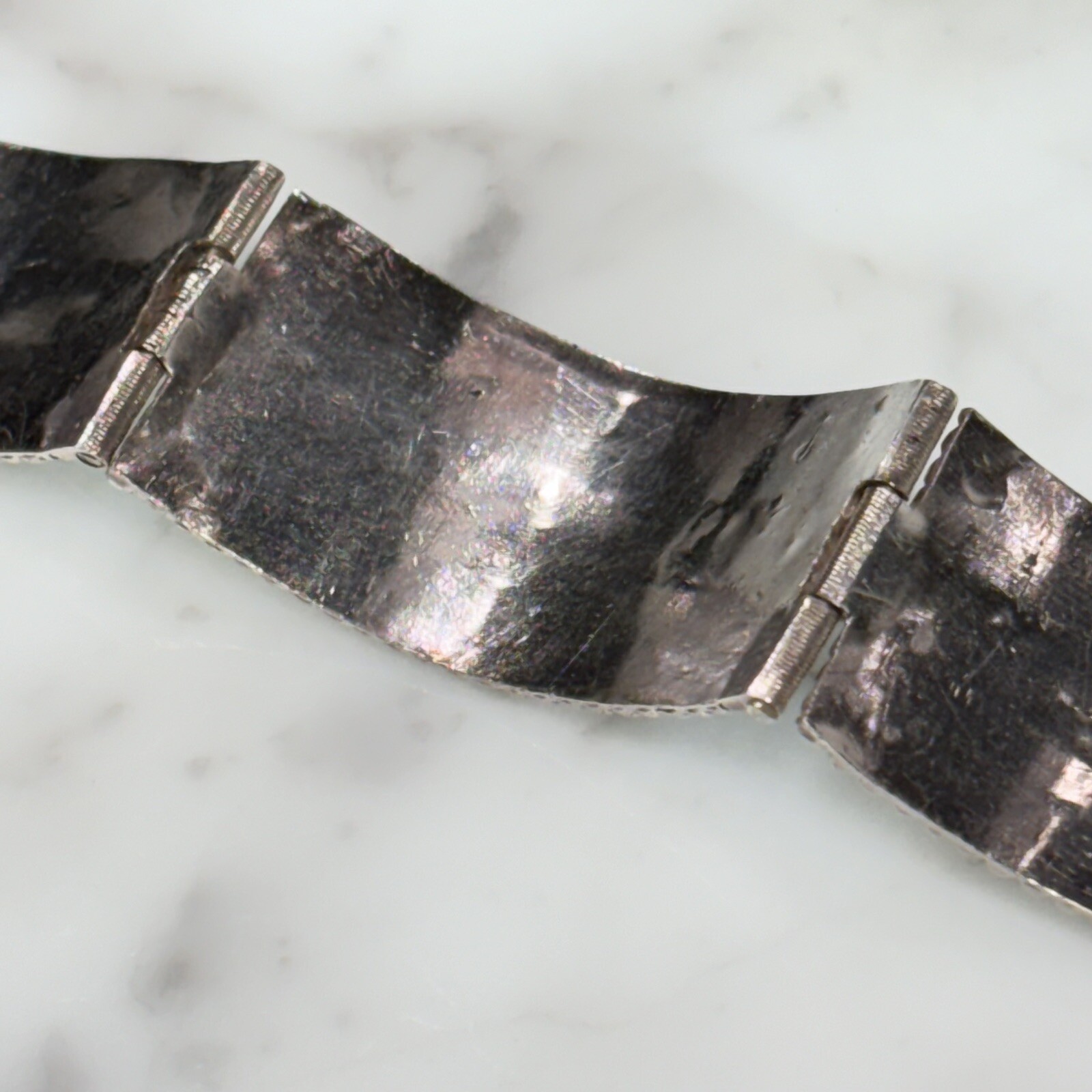 Antique Sterling Silver 935 Scroll Ball Dot Hinged Panel Bracelet 7” Long 30.0g