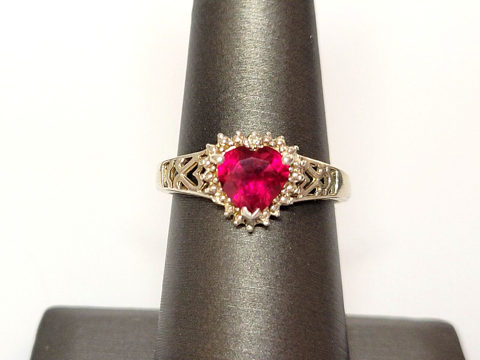 Sterling Silver (.925) Lab Created Ruby Heart & Diamond Accent Ring, Size 7, JJT