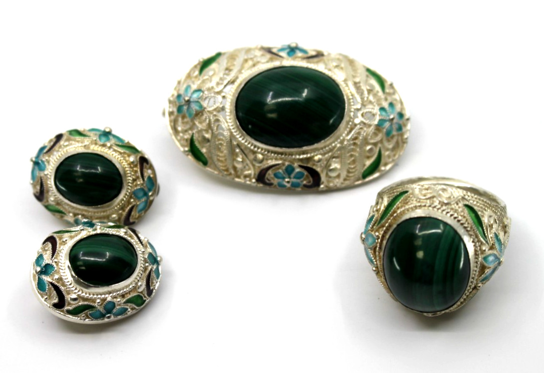 Vintage Chinese Export 925 Silver Enamel Malachite Brooch Earrings Ring Set