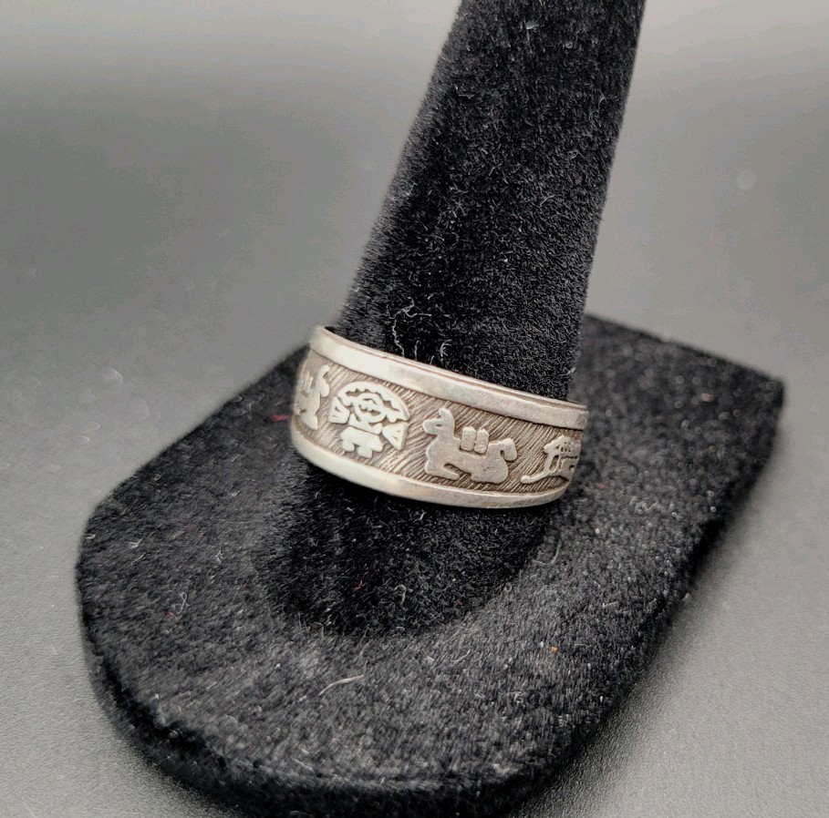 Vintage Sterling Silver Peruvian Inca Storytelling Picture Adjustable Ring Sz. 8