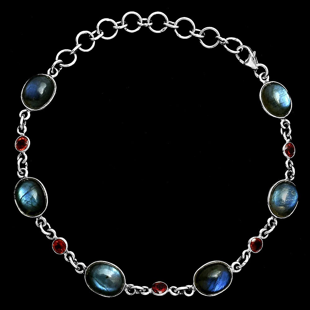 Premium Quality Blue Labradorite & Garnet 925 Silver Bracelet Jewelry B-1006