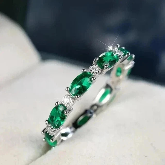 2Ct Oval Cut Lab Created Green Emerald Wedding Band Ring 14k White Gold Plated