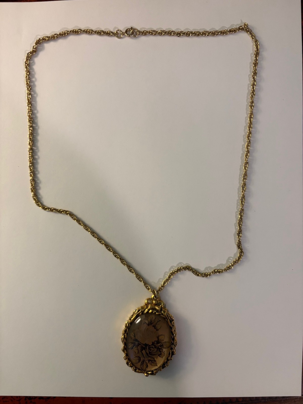 Vintage Roses Under Glass Solid Perfume Locket Necklace 1960’s – 1970’s?