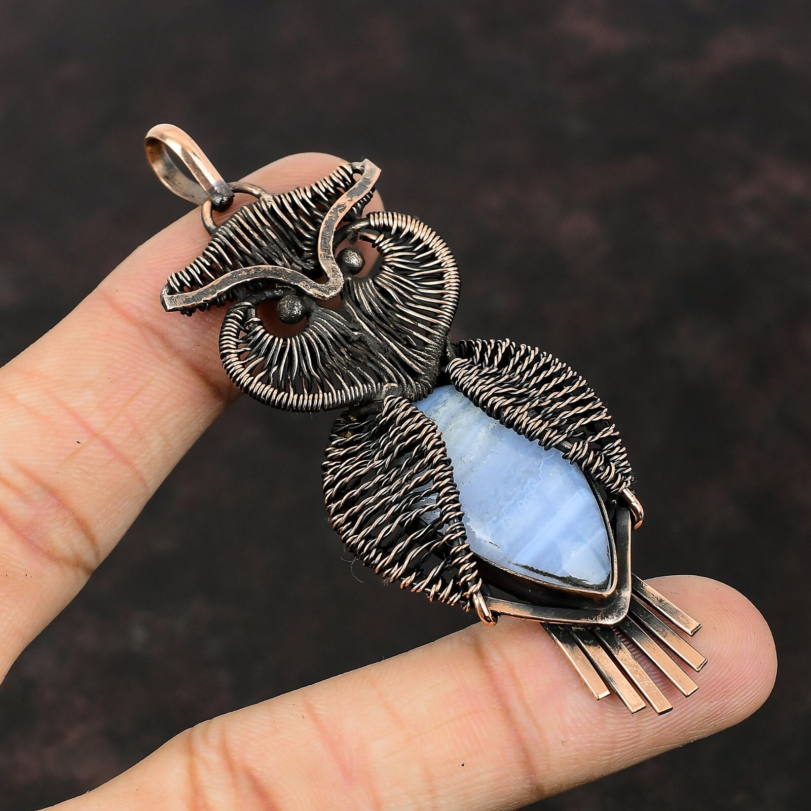 Blue Lace Agate Wire Wrapped Owl Pendant Handcrafted Copper Unique Jewelry 3.35″
