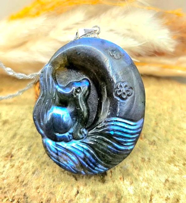 Nature Labradorite Nine Tails Fox And Moon Pendant Necklace