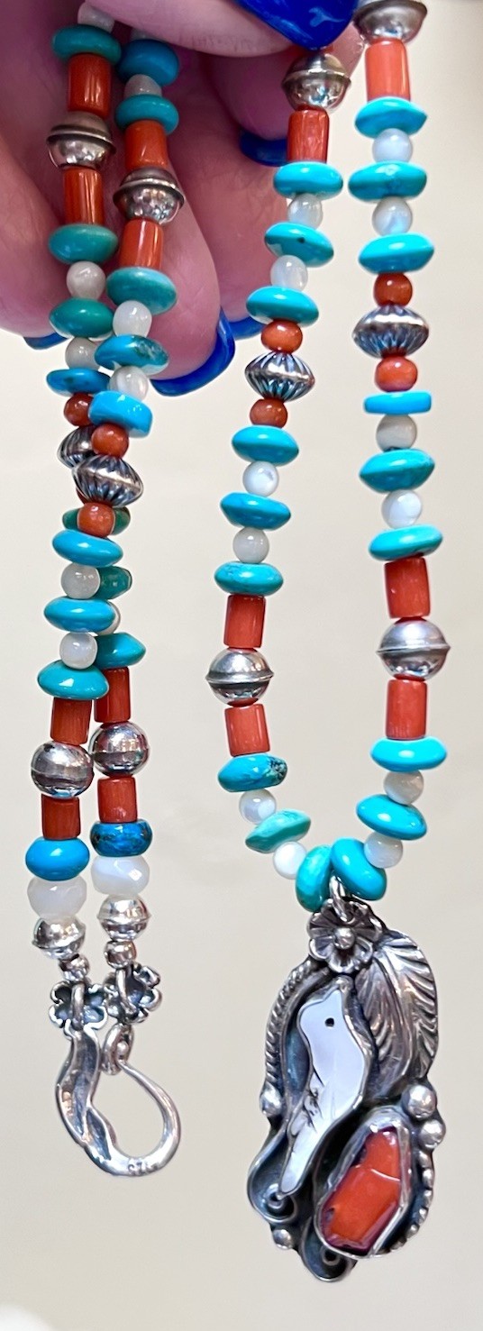 LOVELY Native, Navajo Signed Sterling Silver Turquoise, Coral, Etc Bird Necklace