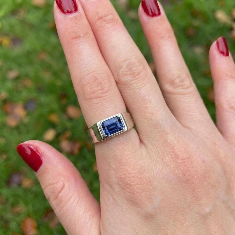 6 Ct Stone Natural Certified Blue Sapphire Ring 925 Sterling Silver Emerald Cut