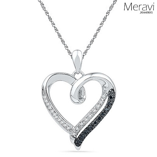 NEW 925 Sterling Silver Heart Necklace CZ Pendant & Chain Women White Black Pave