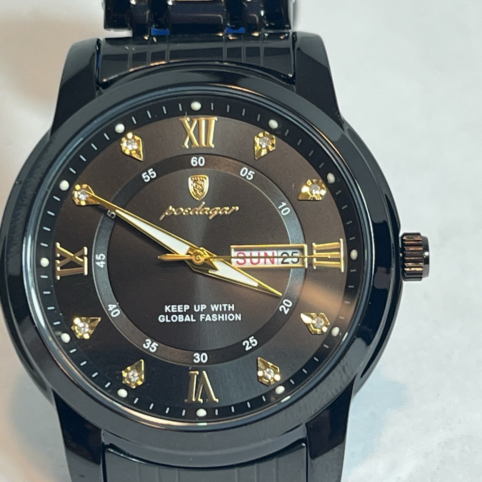 POEDAGAR 910 Mens Black Gold Rhinestone Day Date Quartz Bracelet Watch New