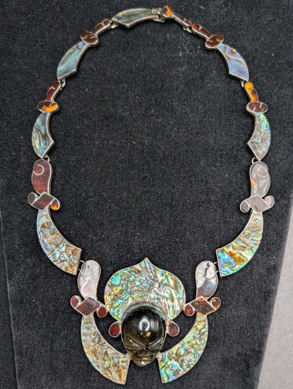 Vtg Statement Piece 925 Mexico Sheen Obsidian Tortoise & Abalone Shell