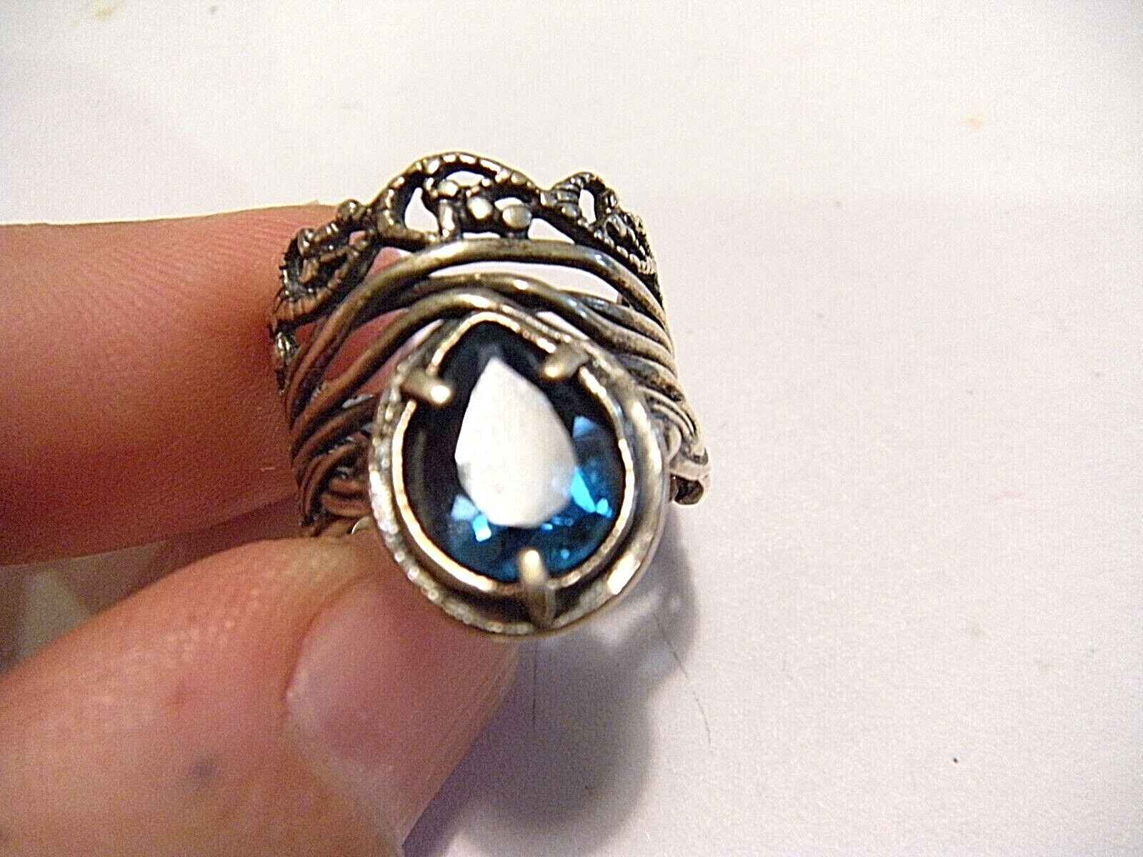 Aquamarine Tear Drop PZ Paz Creations Sterling Silver Brutalist Israel Ring 5.5
