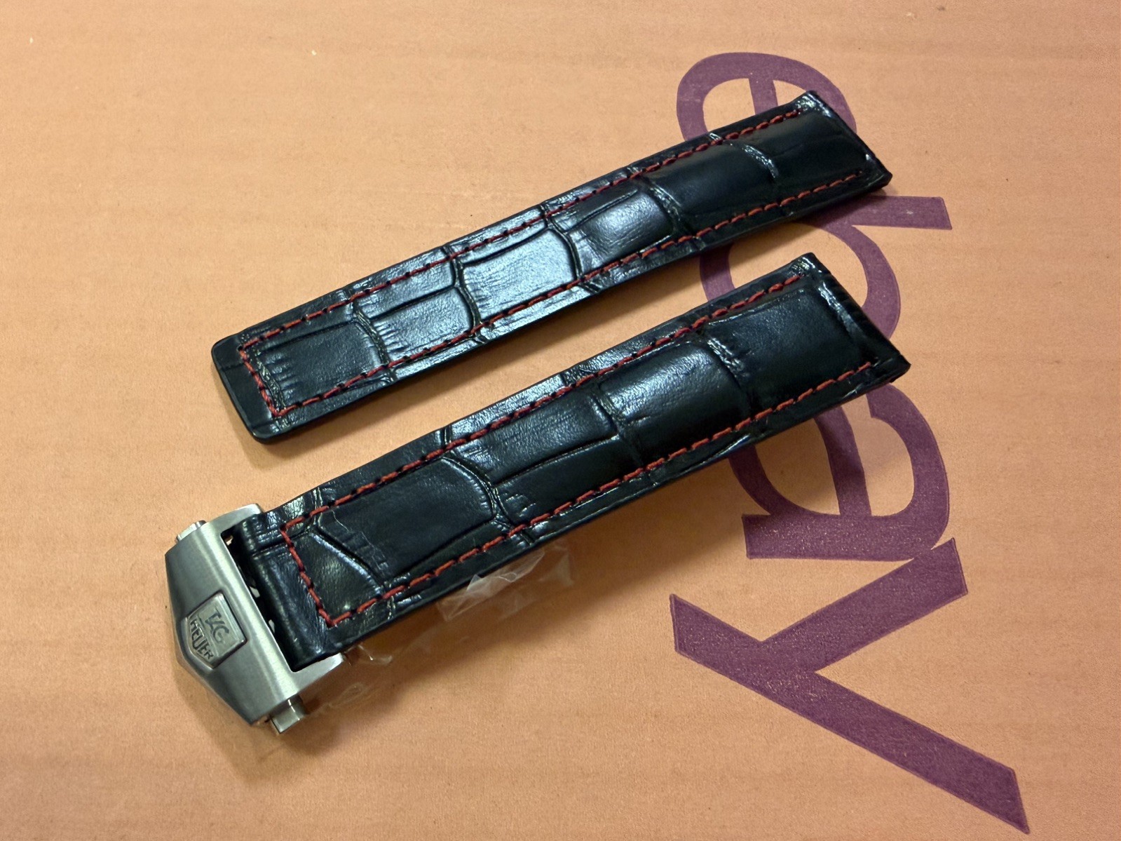 22mm Tag Heuer Black red stich Leather Watch Strap With Buckle