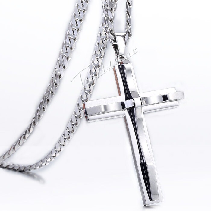 Mens Womens Stainless Steel Curb Chain Necklace w Cross Pendant Silver Gold