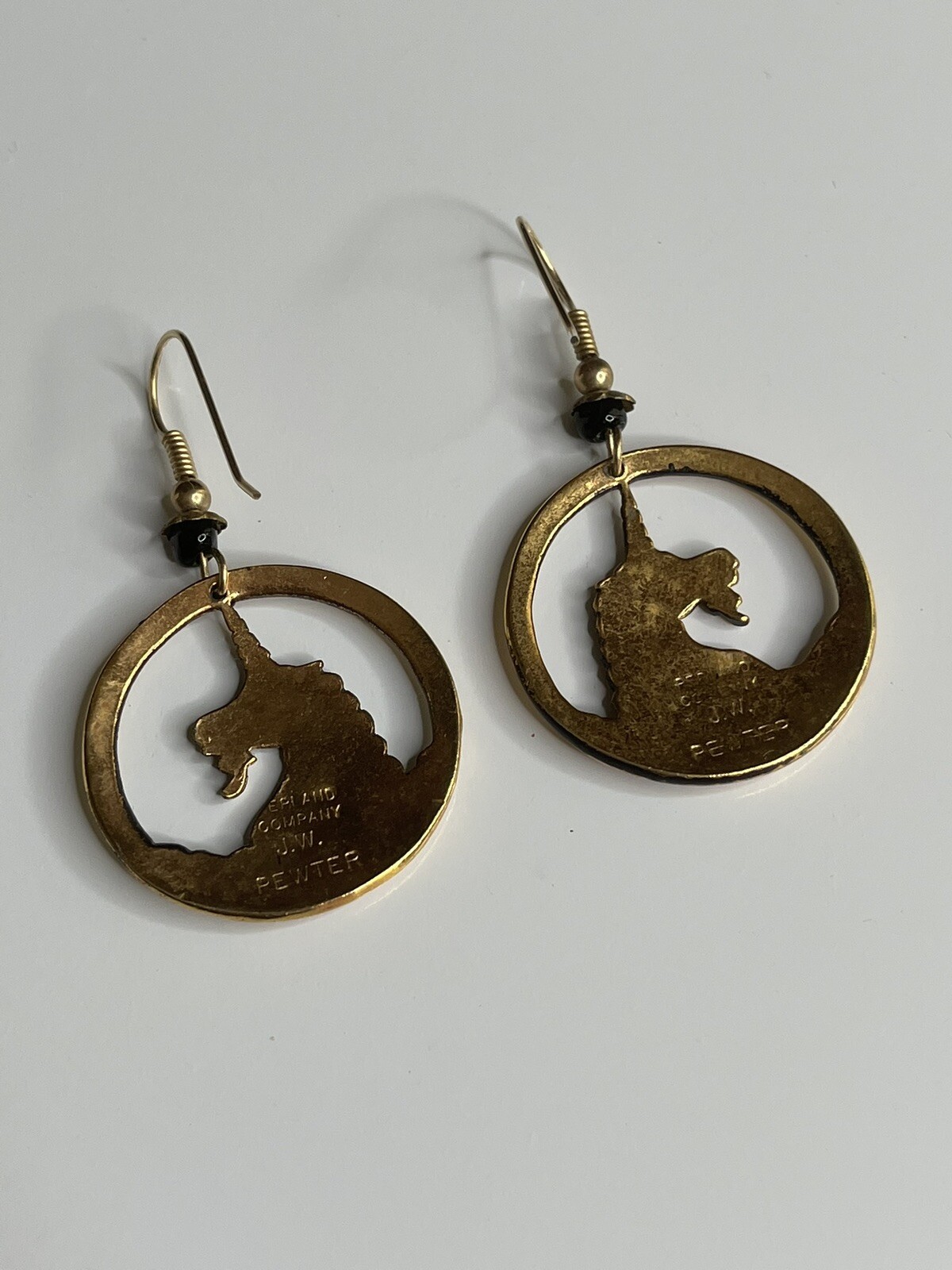 Vintage Gold Tone Unicorn Earrings Pepi And Company J.W. Pewter