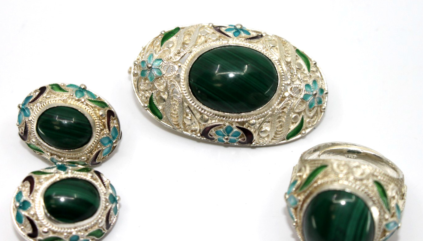 Vintage Chinese Export 925 Silver Enamel Malachite Brooch Earrings Ring Set