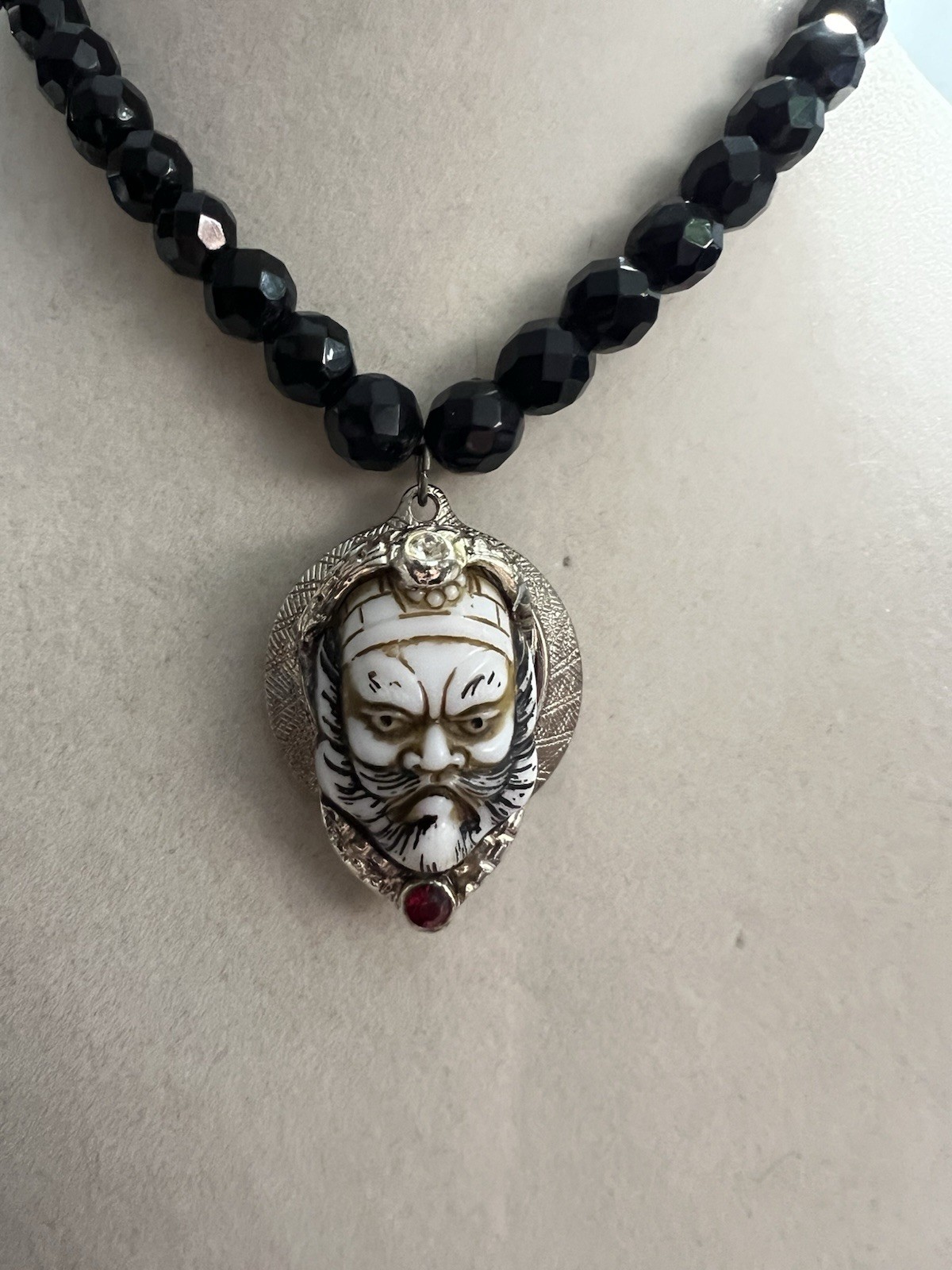 Vintage 15” Black Crystal Faceted Beaded Choker With Asian Warrior Pendant