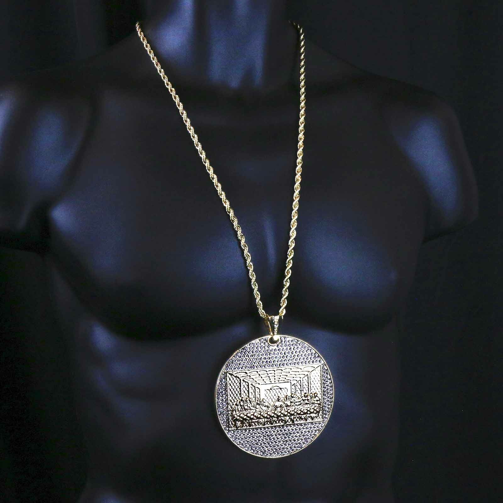 14k Gold Plated ” Huge LAST SUPPER” Pendant Cubic Zirconia 30″ Rope Chain