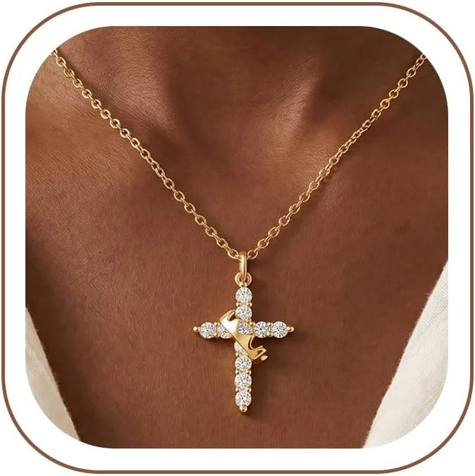 Gold Cross Necklace for Women Dainty 14K Gold Plated Diamond Cross Pendant