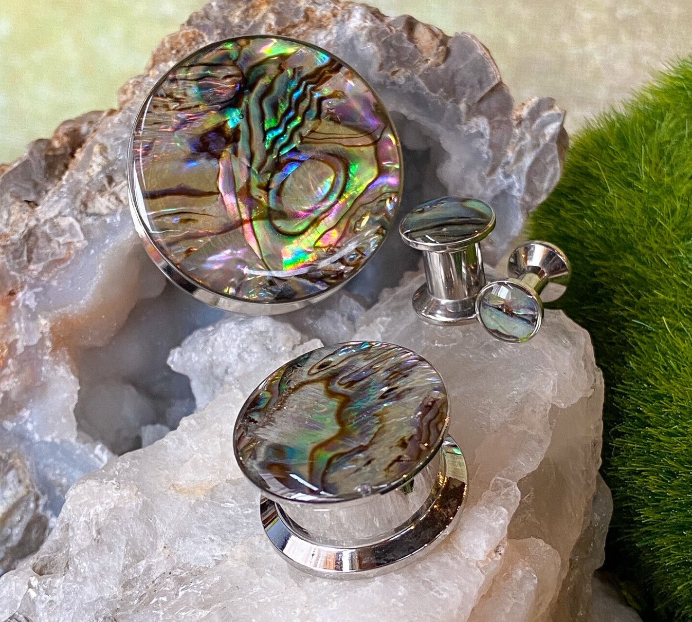 PAIR Abalone Inlay Steel Screw Fit Plugs Tunnels Earlets Gauges Body Jewelry