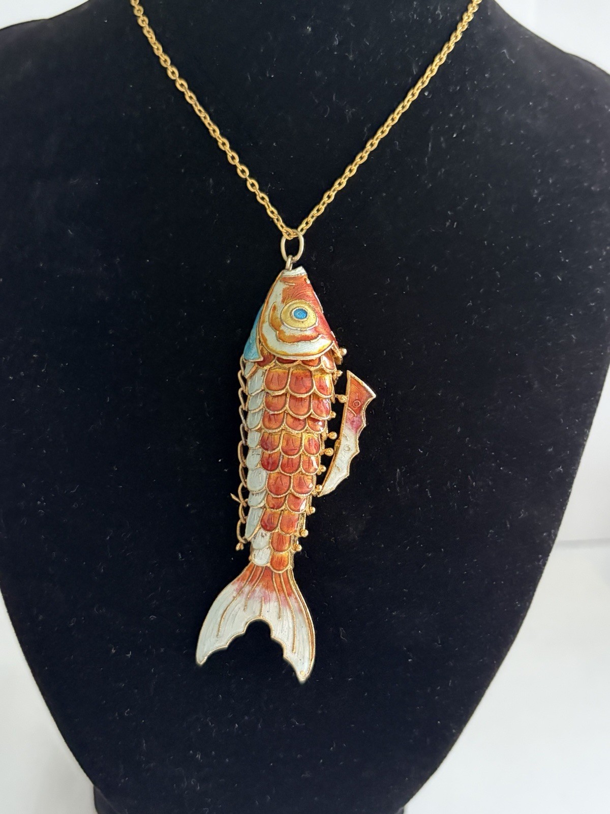 vintage Chinese articulated cloisonné enamel koi fish pendant Estate Jewelry