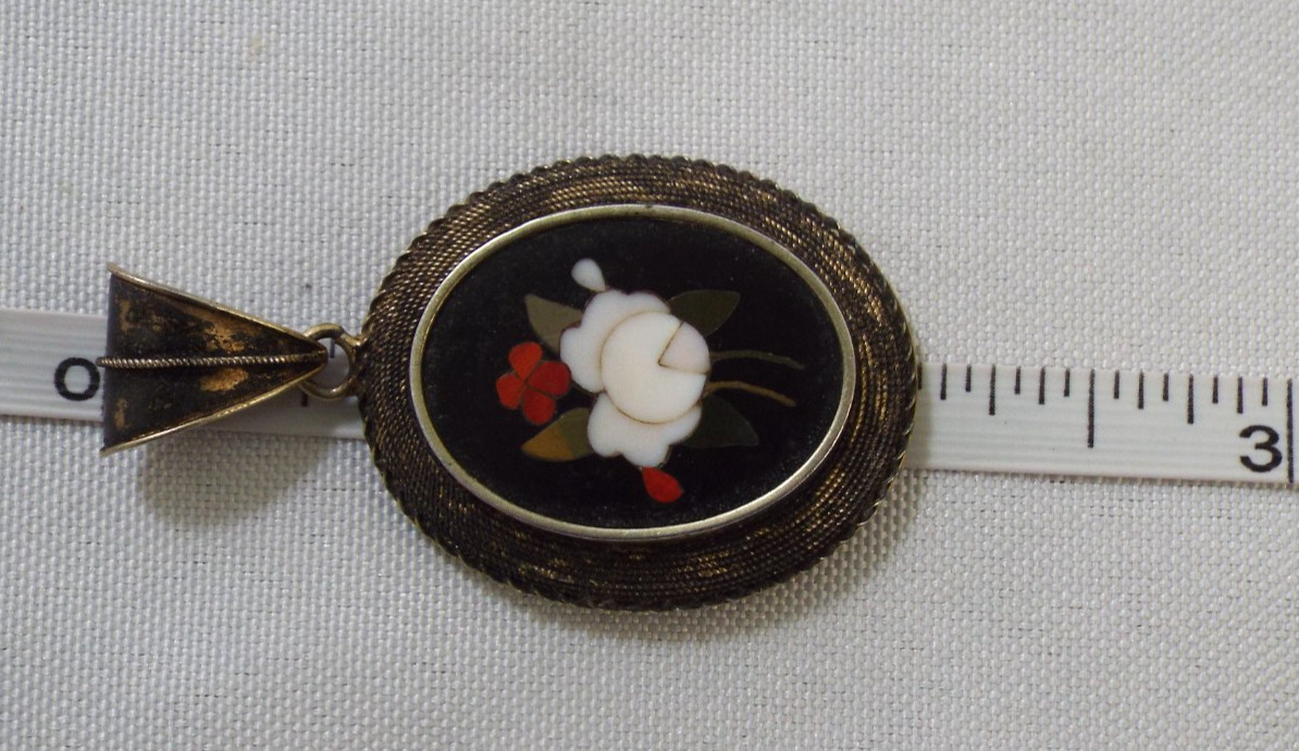 Antique Italian Pietra Dura Inlaid Mosaic 2 Sided Pendant Sterling Silver 12.1g