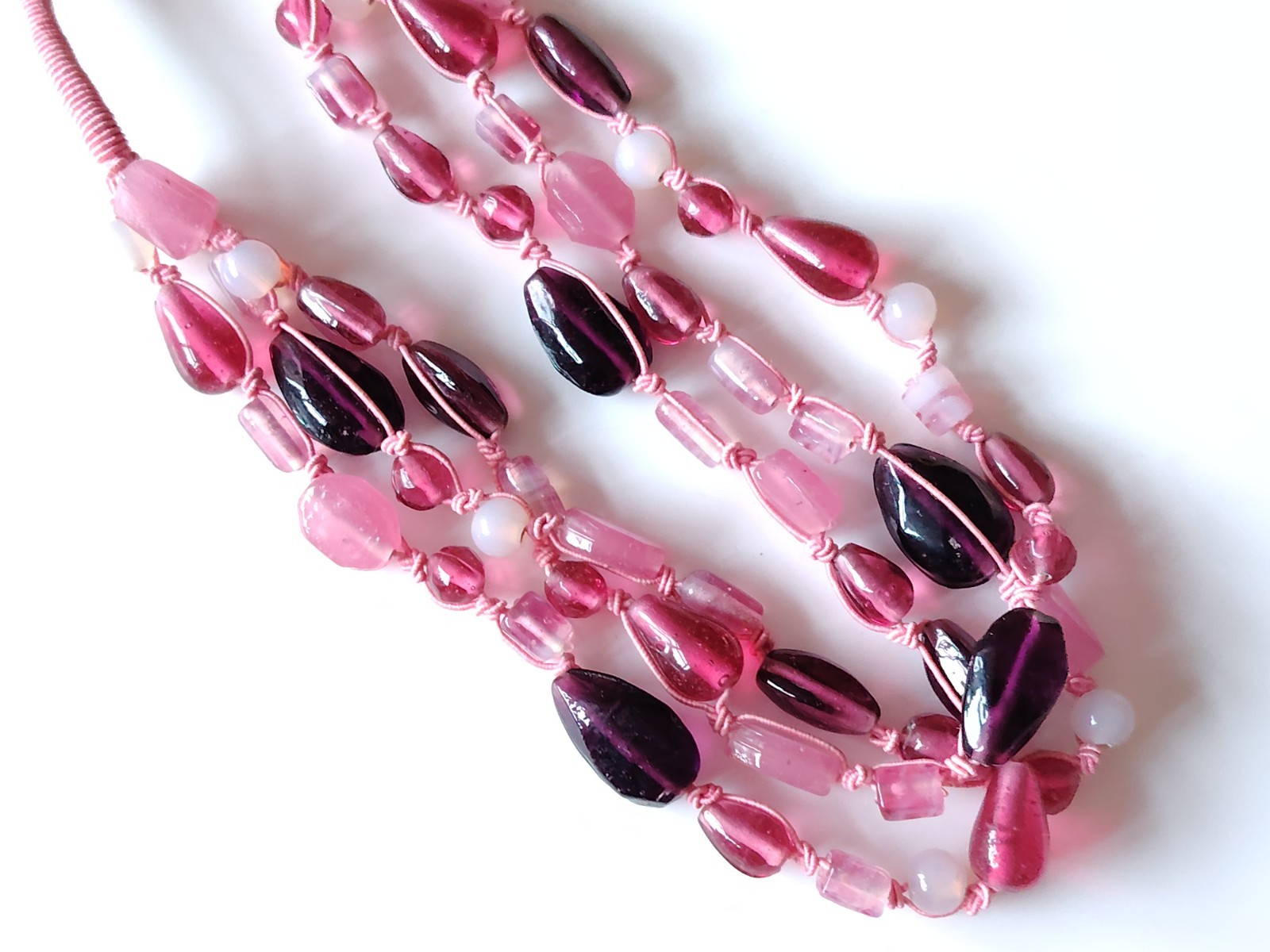 Pink Material Glass Bead Necklace Multi strand Mixed Shape Layering Toggle Clasp