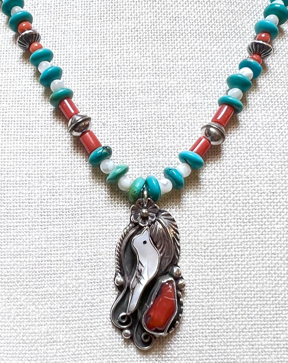 LOVELY Native, Navajo Signed Sterling Silver Turquoise, Coral, Etc Bird Necklace